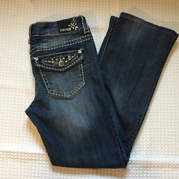 Warehouse One Premium Jeans Womens 29 Boot Cut Mid Rise Rhinestone Pocket Flaps - Picture 3 of 8